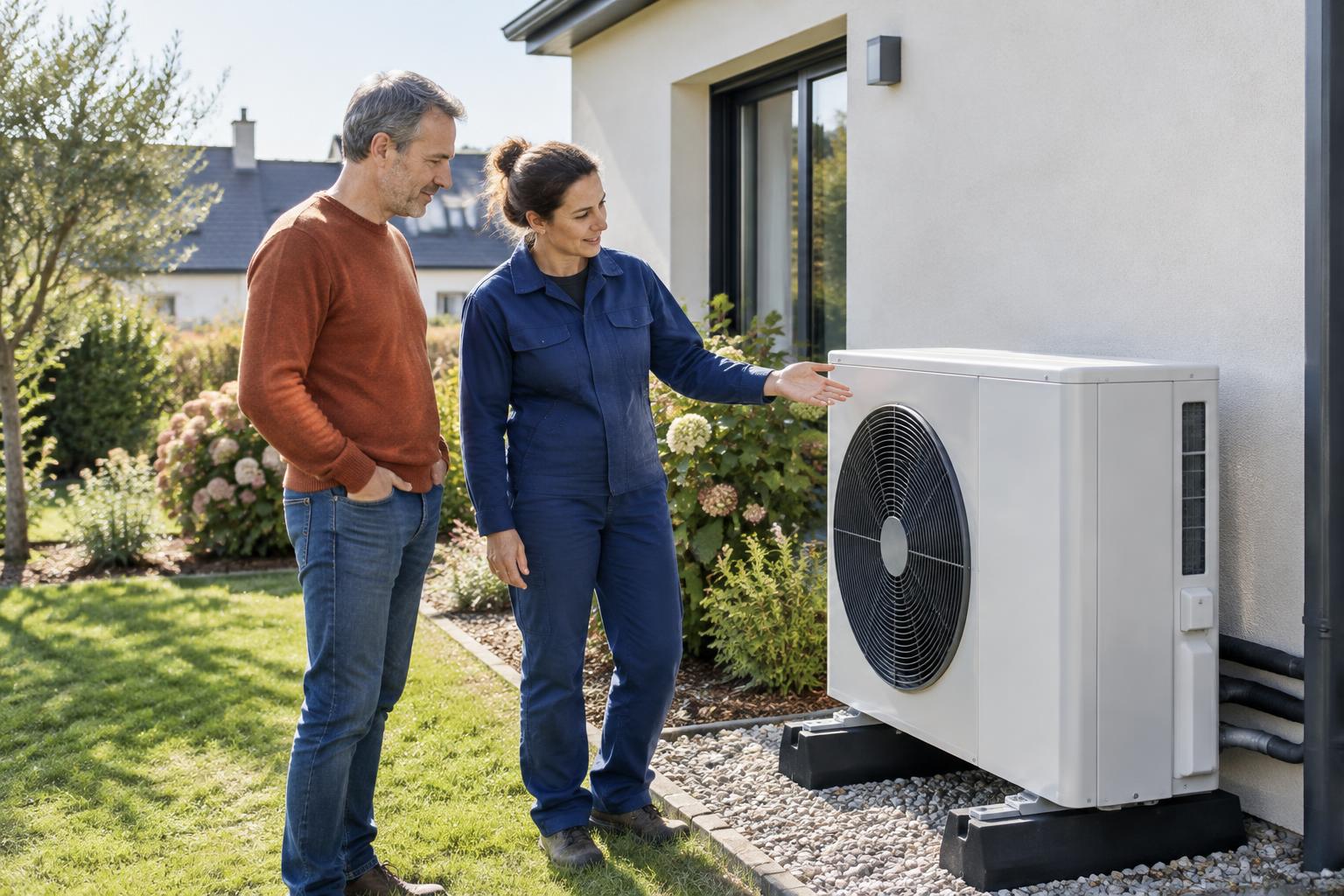 Présentation d’une pompe à chaleur lors d’une visite de logement